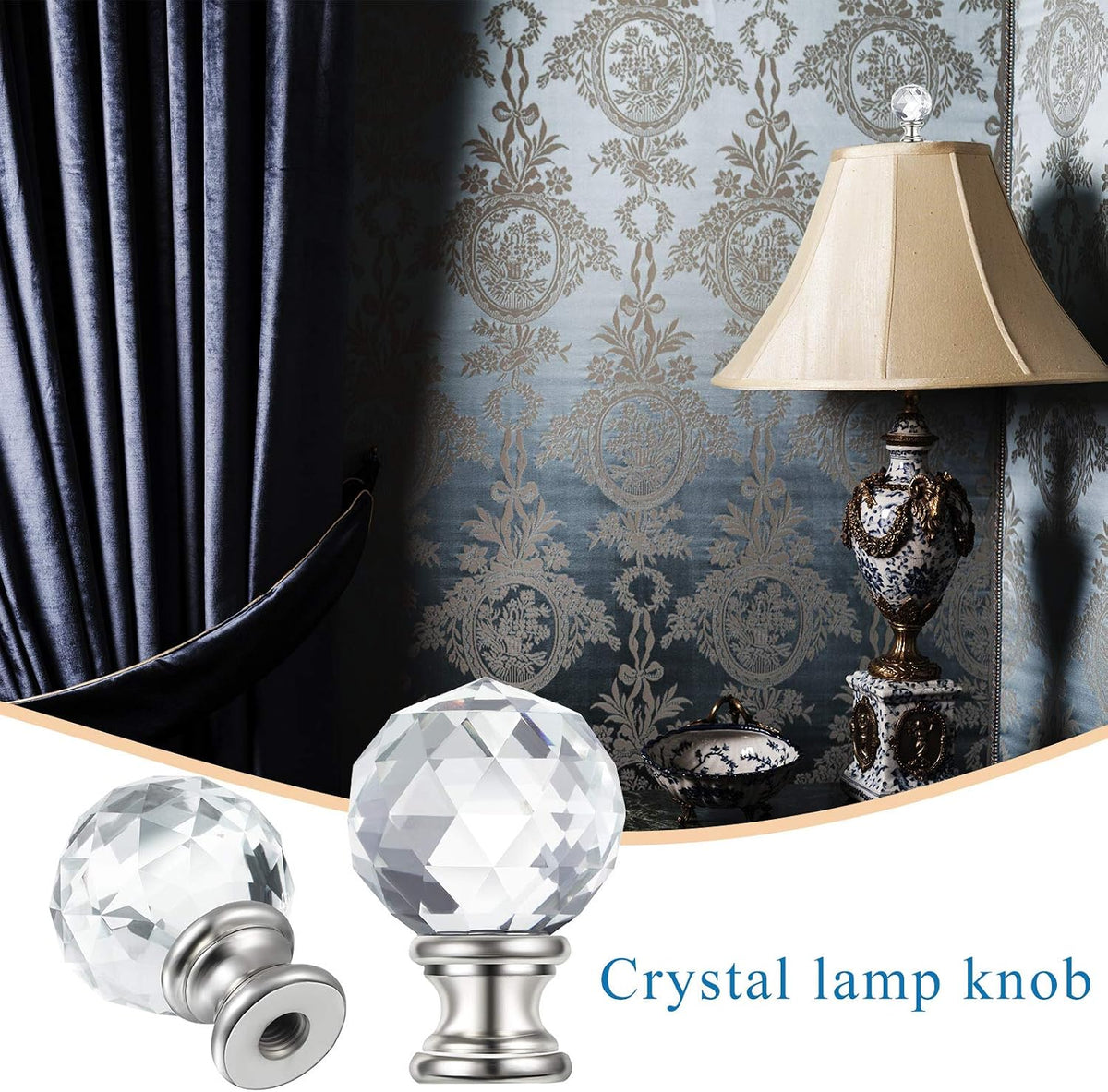 2 Pcs Crystal Lamp Finial Diamond Knob 1-3/4 Inches,Silver Base