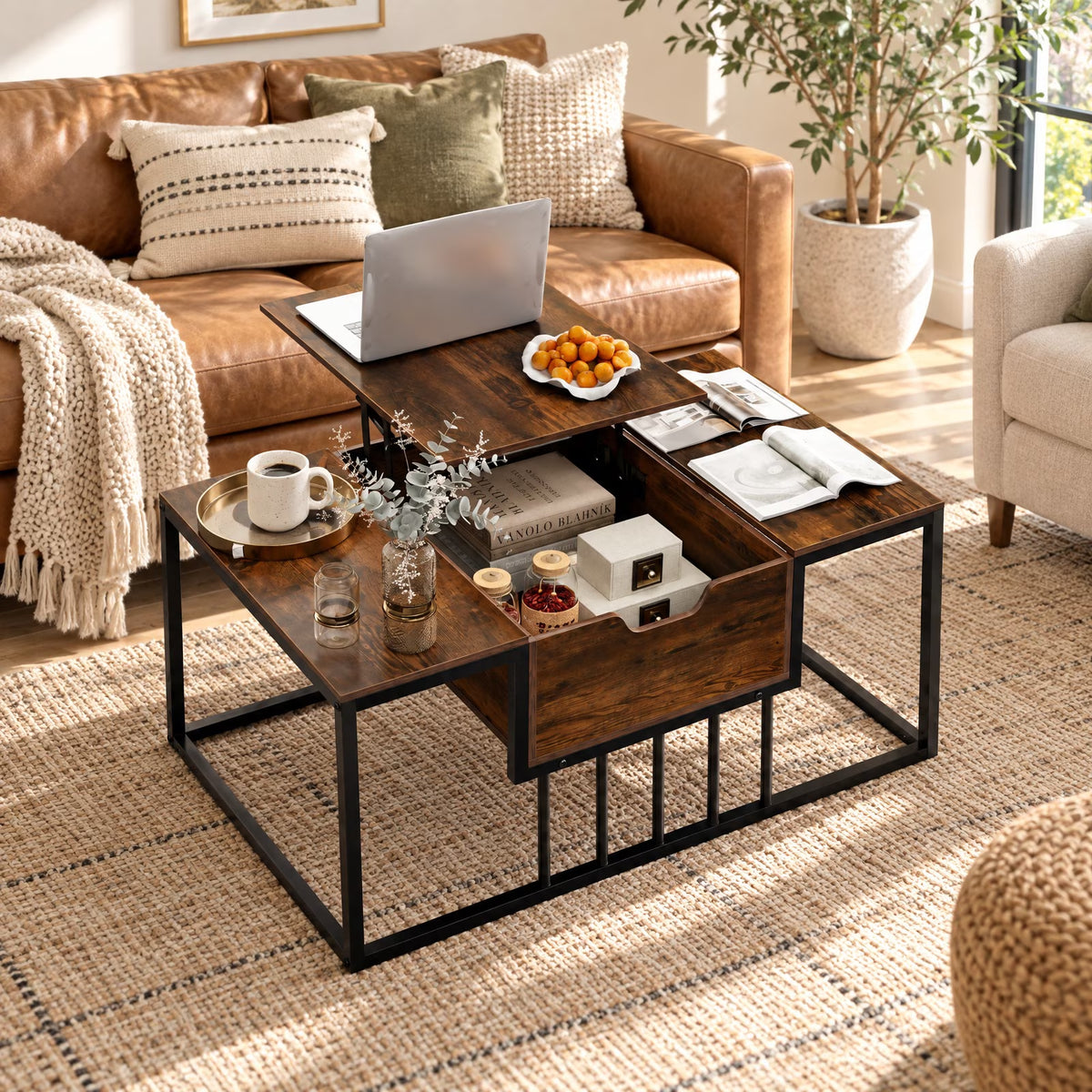 Lift Top Coffee Table Modern Center Table with Hidden Storage Compartment, 110 Lbs Capacity, Engineered Wood Metal Frame, Coffee