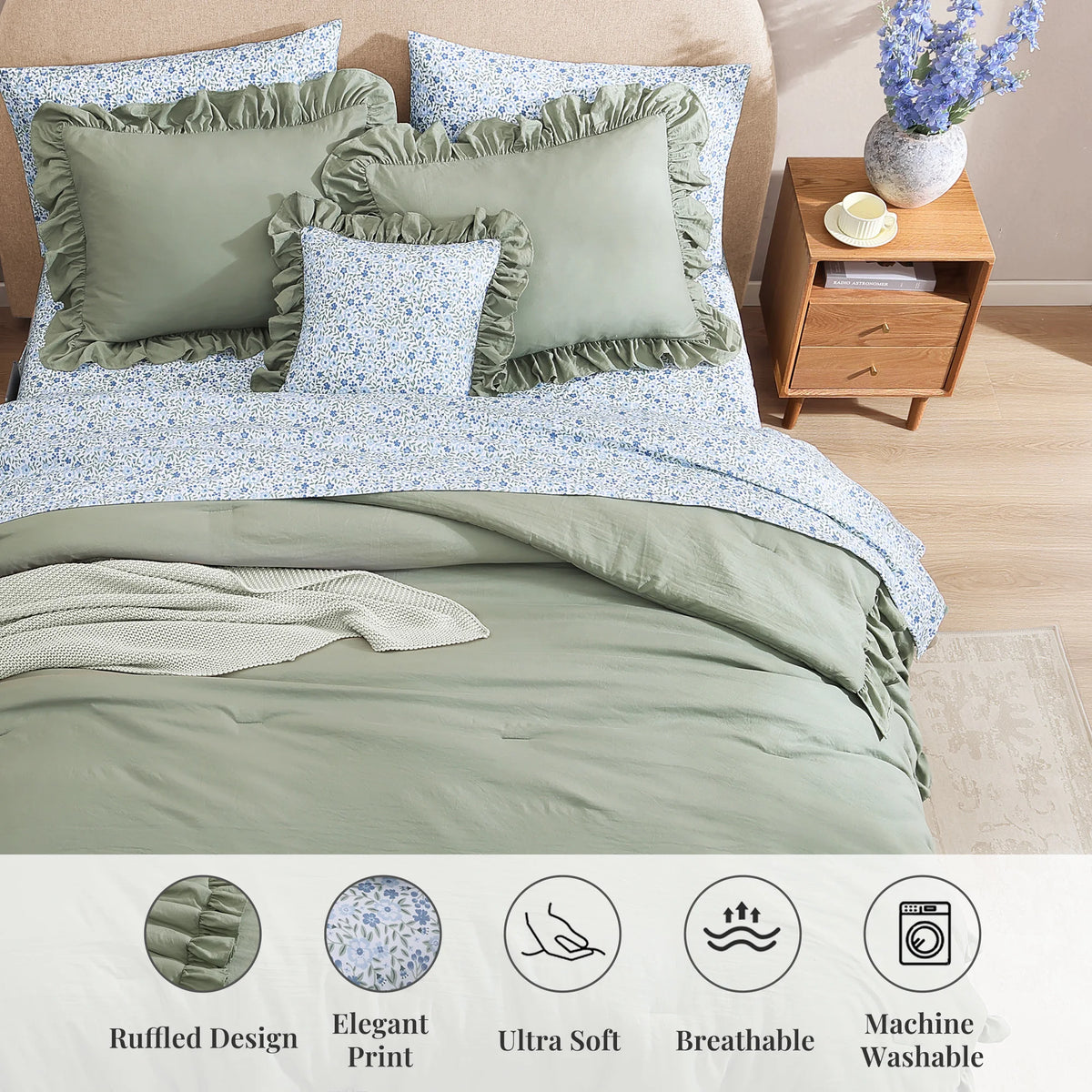 Ruffle Design 7-Piece Bed in a Bag Comforter Set with Sheets,Sage Green,Queen
