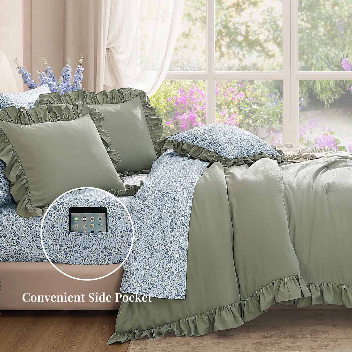 Ruffle Design 7-Piece Bed in a Bag Comforter Set with Sheets,Sage Green,Queen
