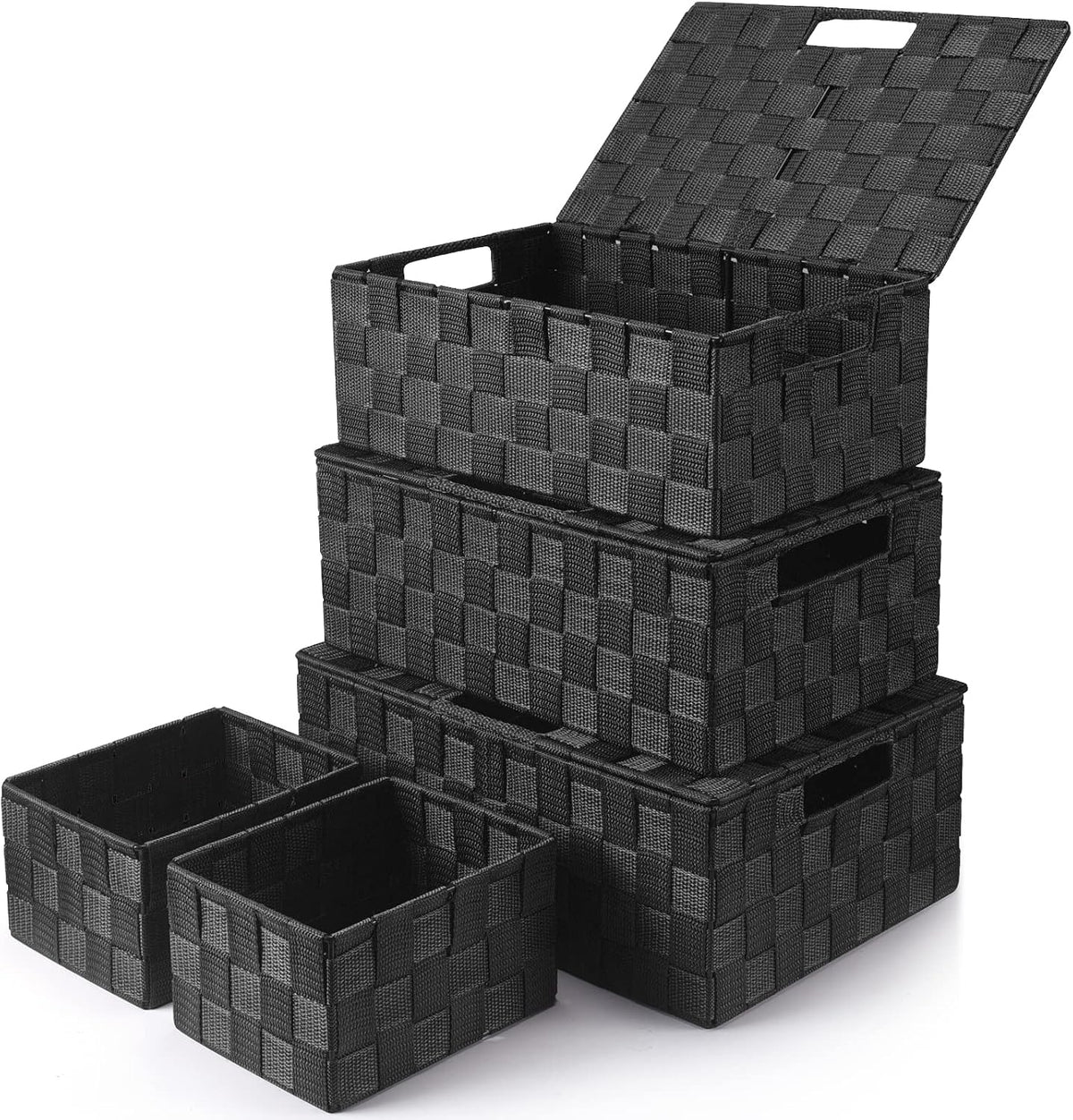 Storage Baskets with Lids: 5 Pack Stackable Woven Storage Bins, Black
