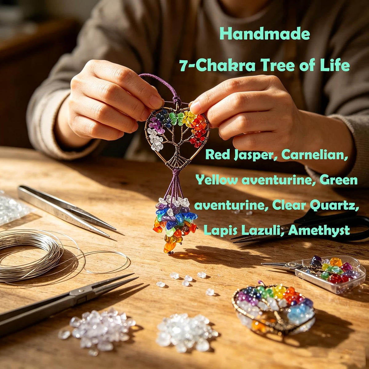 Handmade Cute Boho Tree of Life Chakra Stones Car Mirror Hanging Accessories for Women and Men,7 Chakras Healing Crystal Car Rear View Mirror Hanging Charm and Wall Door Windows Decor