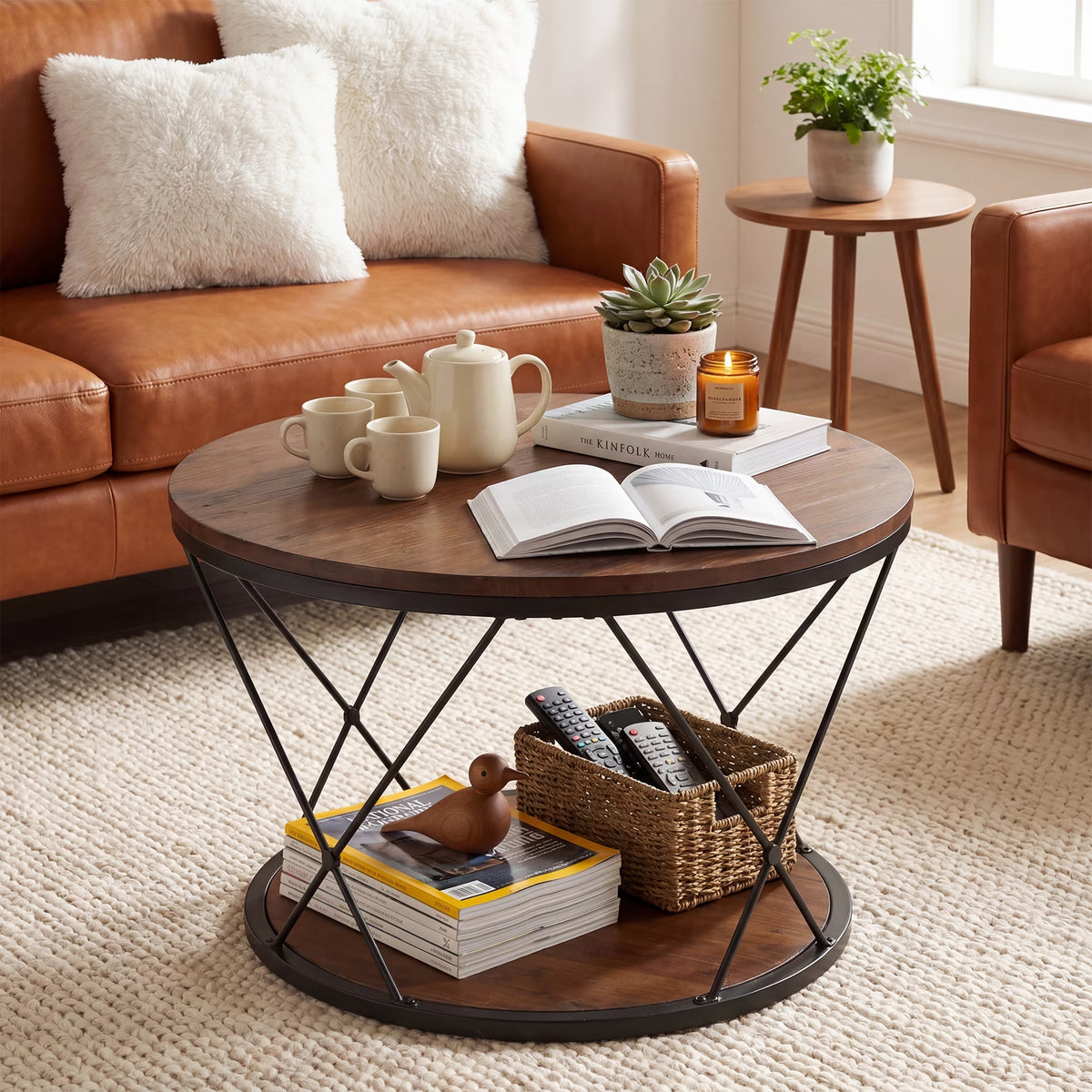 2-Tier Solid Wood round Coffee Table, 31.5-Inch Farmhouse Circle Tea Table with X-Shaped Support for Living Room, Rustic Brown and Black