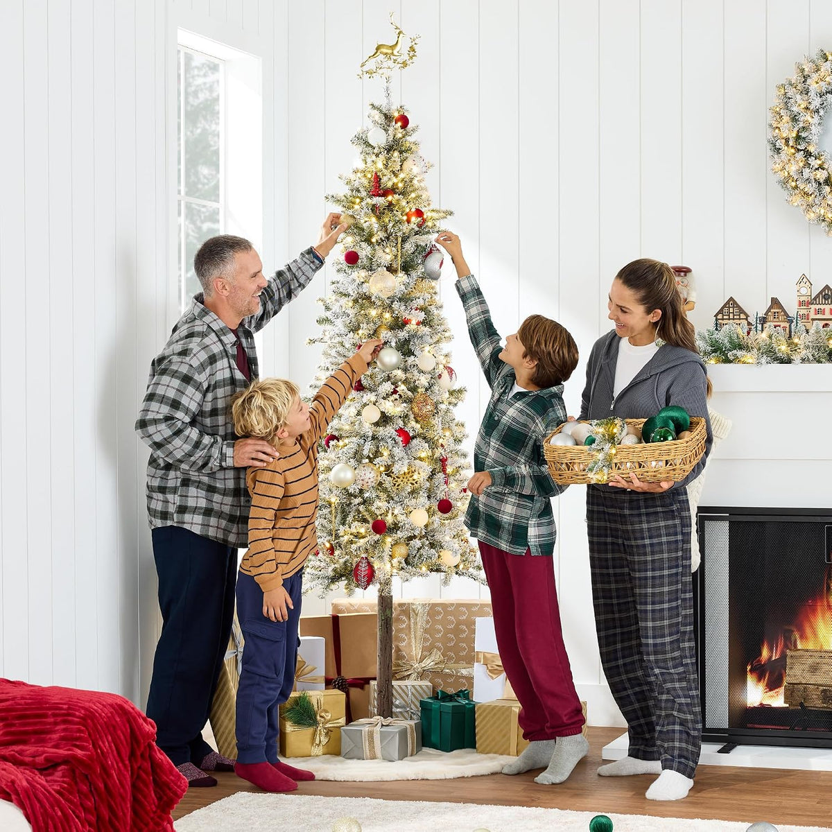 Flocked Pencil Christmas Tree 6Ft Pre-Lit Alpine Slim Holiday Decoration, Lighted Skinny Décor LED Lights, Metal Stand