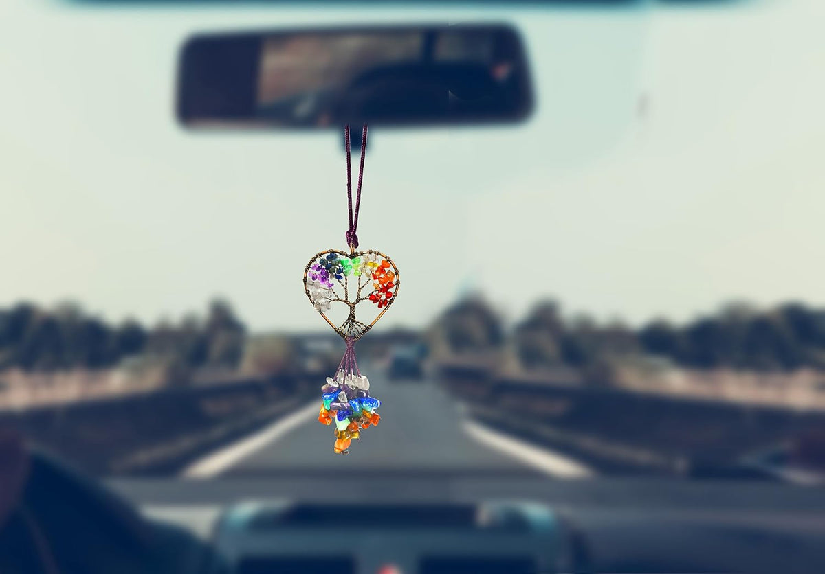 Handmade Cute Boho Tree of Life Chakra Stones Car Mirror Hanging Accessories for Women and Men,7 Chakras Healing Crystal Car Rear View Mirror Hanging Charm and Wall Door Windows Decor
