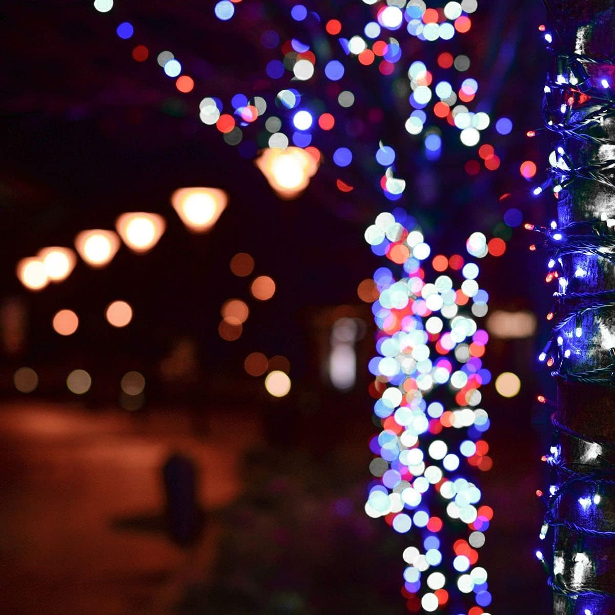300 LED Indoor String Lights, 100 FT Plug in Waterproof String Lights with 8 Modes for Halloween Thanksgiving Christmas Garden Decoration, Indoor and Outdoor Decoration (Blue, Red and White)