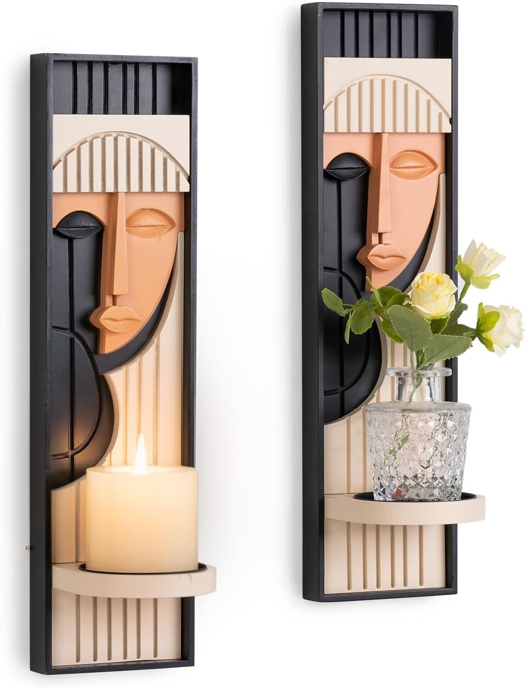 Modern Art Wall Candle Holder, Abstract Face Candle Sconce Set of 2, Wall Decor, 16.5 X 4.33 Inch (Boho)