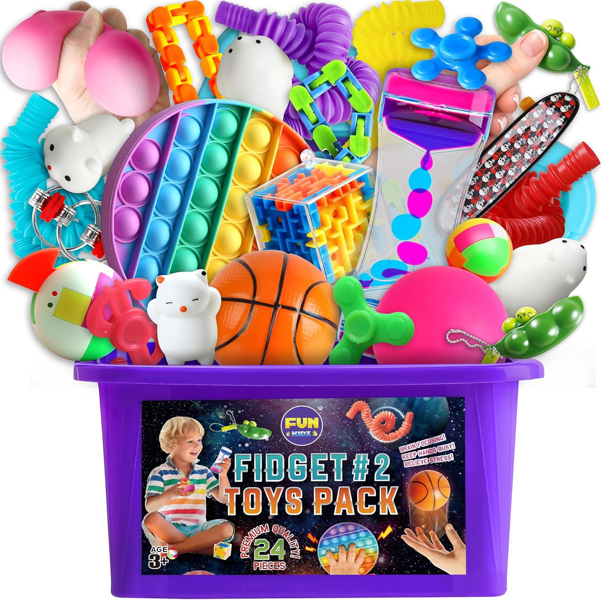 Fidget Pack Box for Boys Girls 4-12, Funkidz Fidget Toys for Kids 5-7 Autistic Sensory Mystery Birthday Gifts in Reusable Portable Treasure Box Nice Party Favors