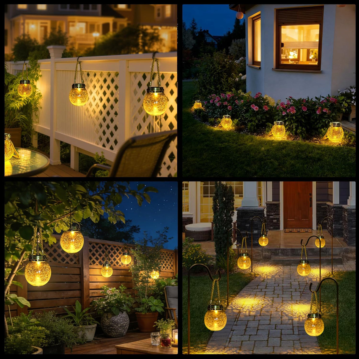 Solar Lanterns Outdoor Waterproof, 4 Pack Hanging Solar Lights Outdoor Garden Decor, Amber Warm & RGB LED Globe Cracked Glass Ball Lantern for Yard Tree Fence Patio Porch Events Deck Pathway