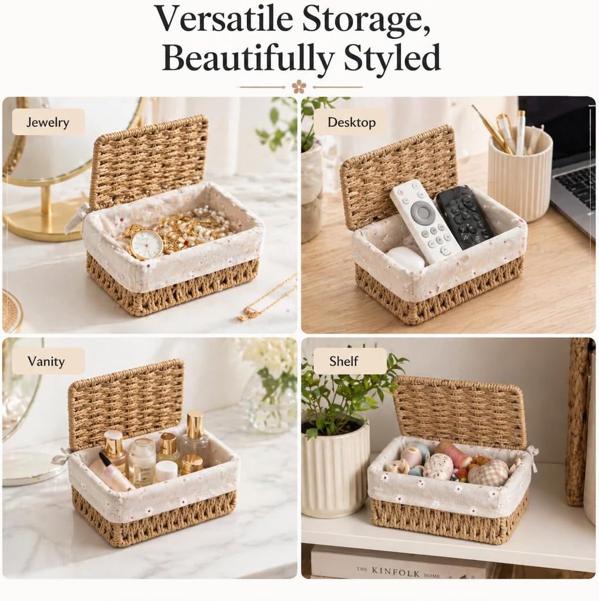 1PC Woven Storage Basket with Lid for Closet Shelf-Khaki Small