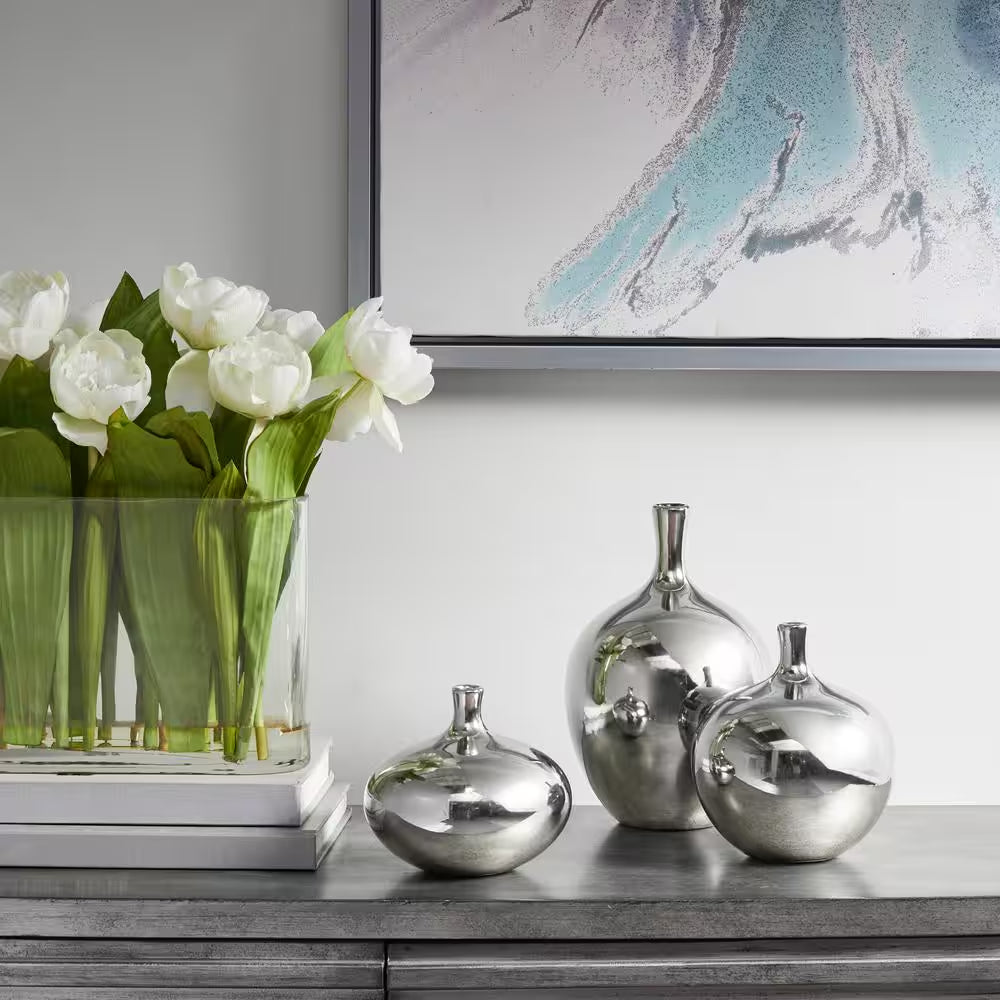 Ansen 3-Piece Silver Mirrored Ceramic Decorative Vases 3-Piece Set