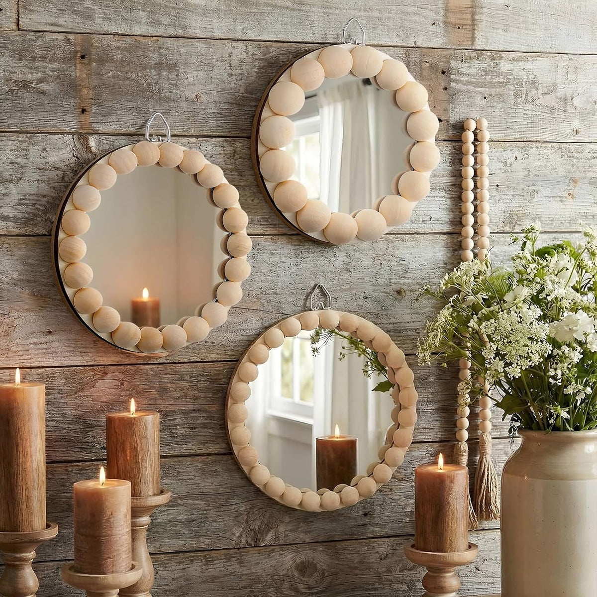 3 Pcs Boho Mirror Wall Decor 4.72 Inch Small round Circle Decorative Mirrors with Wood Bead Hanging Wall Art for Farmhouse Rustic Home Living Room, Bedroom, Bathroom, Entryway