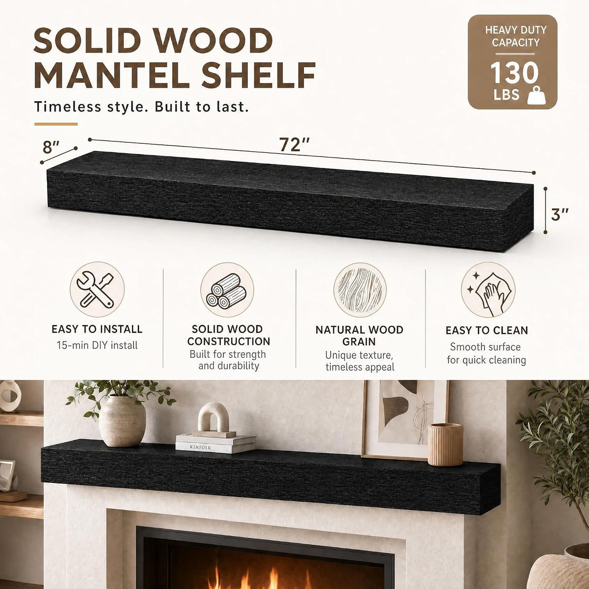 72 Inch Solid Wood Fireplace Mantel Shelf, Matte Black