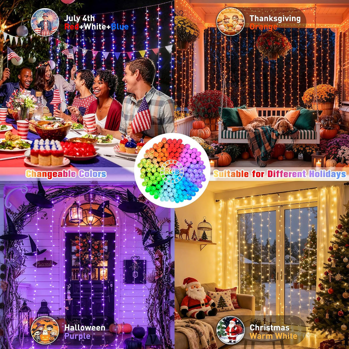 RGB Curtain Lights, 300 LED 9.8×9.8FT Color Changing String Lights