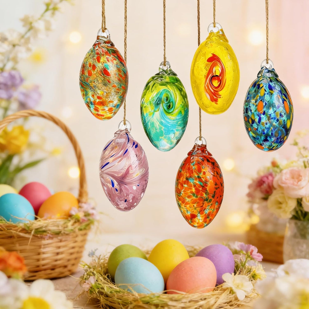 6PCS Blown Glass Egg Ball Ornaments Hanging Crystal Eggs Decorative Gifts