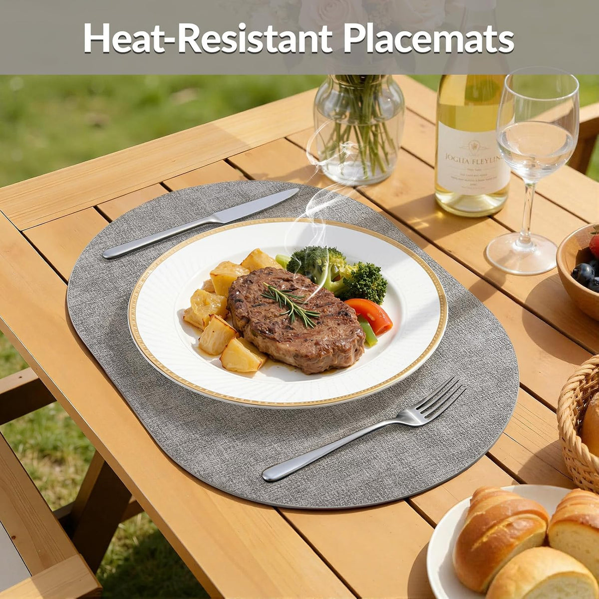 Heat Resistant Oval Placemats Set of 6, Light Grey