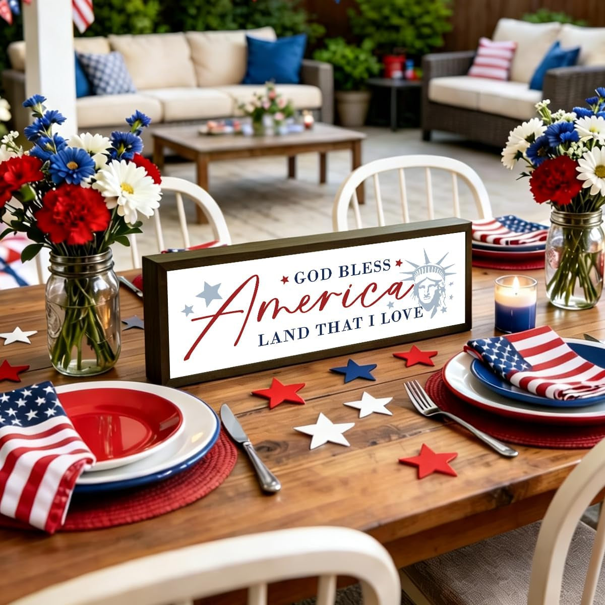 4Th of July Wooden Sign, God Bless America Land That I Love, Patriotic Home Decor Sign with Statue of Liberty, Independence Day Memorial Day Shelf Table Tiered Tray Display, 9.5X3.1 Inches