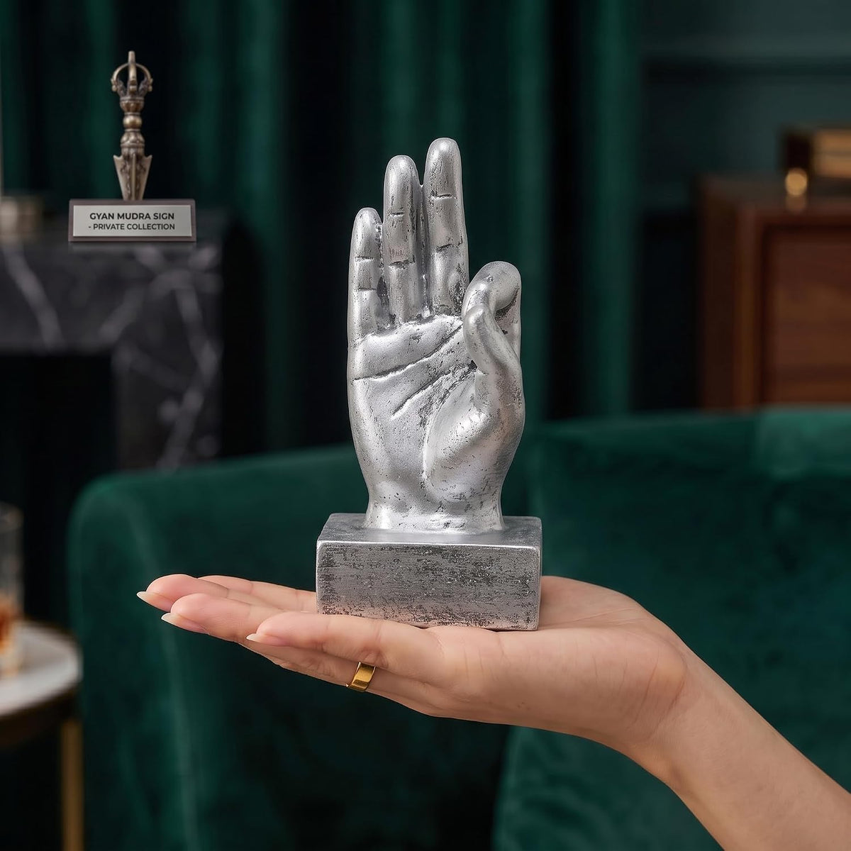 Hand Finger Gesture Desk Statues Fingers Sculpture Creative Home Living Room Cabinet Shelf Decoration (OK Gesture in Silver)
