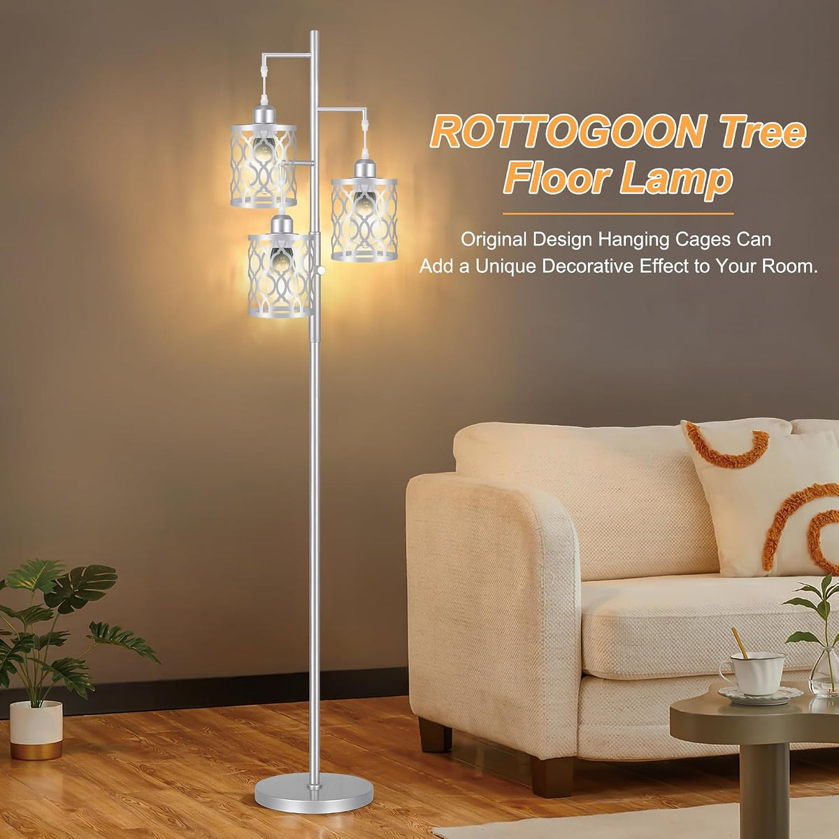 68" Farmhouse Floor Lamp, Dimmable Industrial Floor Lamps for Living Room, 3 Light Rustic Standing Tall Lamp Including 3 PCS 6W Edison Bulbs, Tree Floor Lamp for Bedrooms Room, Office, Bar, Silver