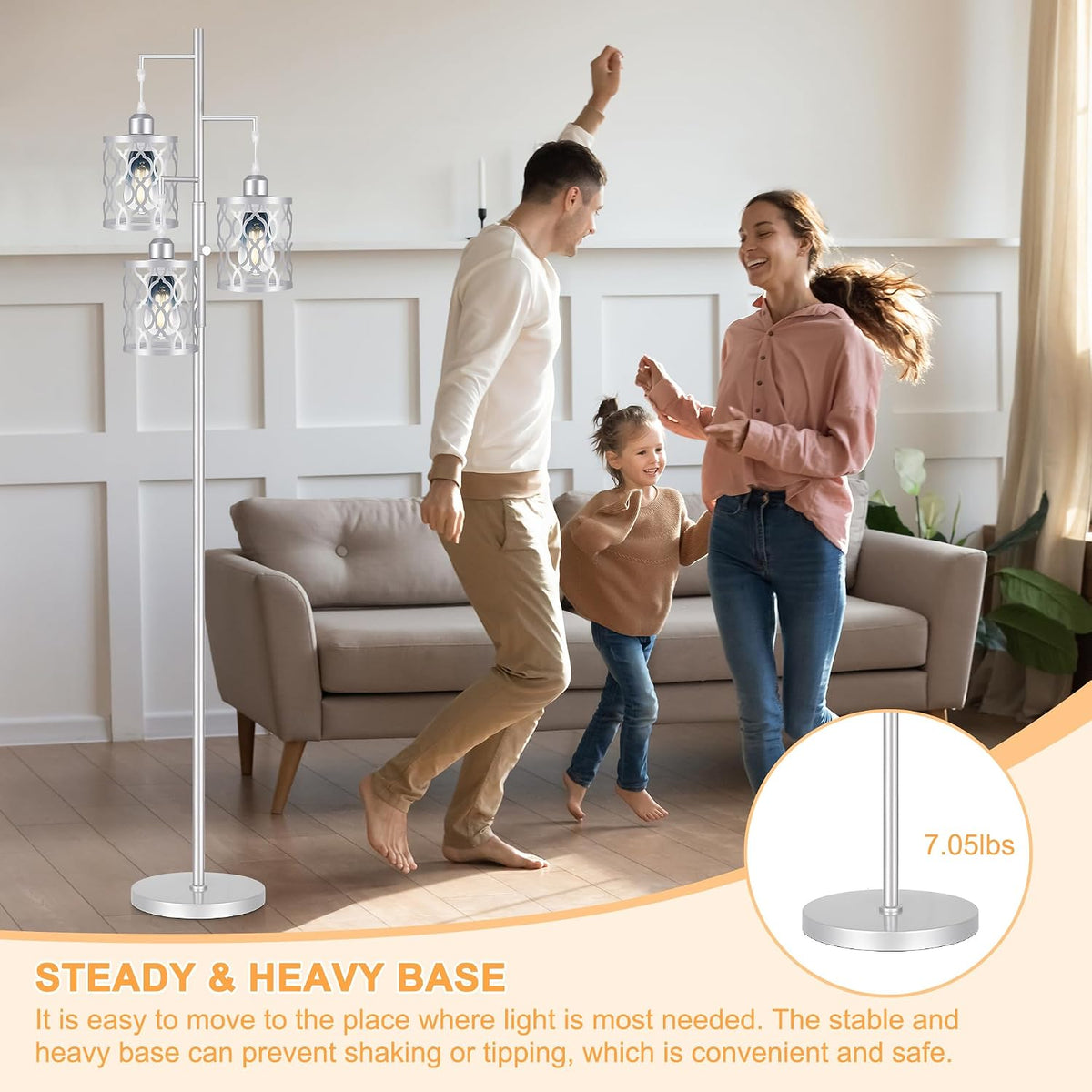 68" Farmhouse Floor Lamp, Dimmable Industrial Floor Lamps for Living Room, 3 Light Rustic Standing Tall Lamp Including 3 PCS 6W Edison Bulbs, Tree Floor Lamp for Bedrooms Room, Office, Bar, Silver