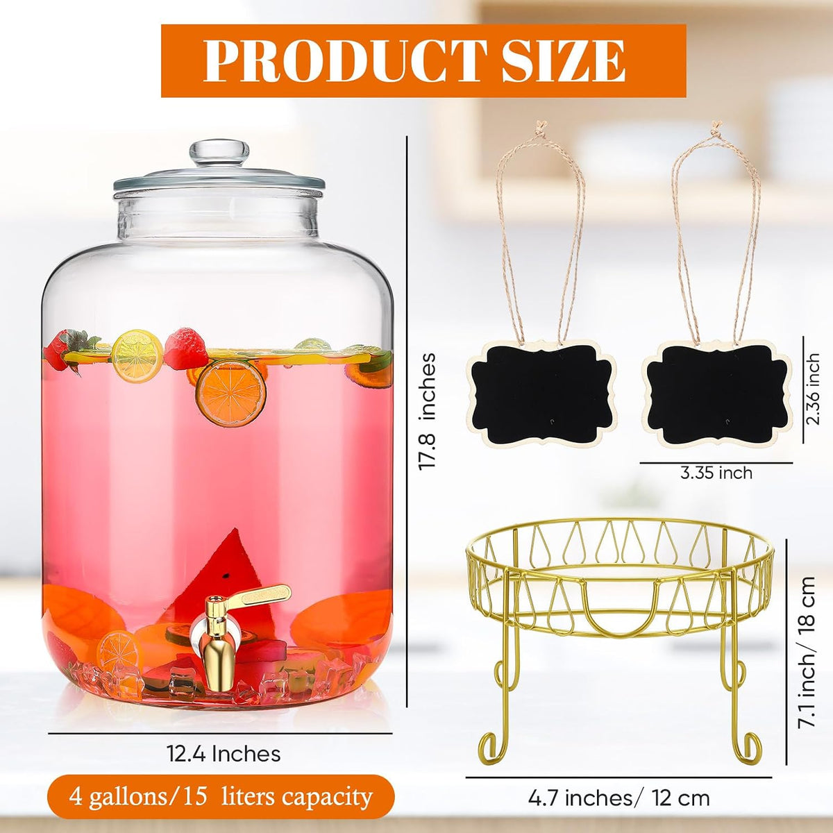 4 Gallon Glass Beverage Dispenser with Stand Spigot, Gold