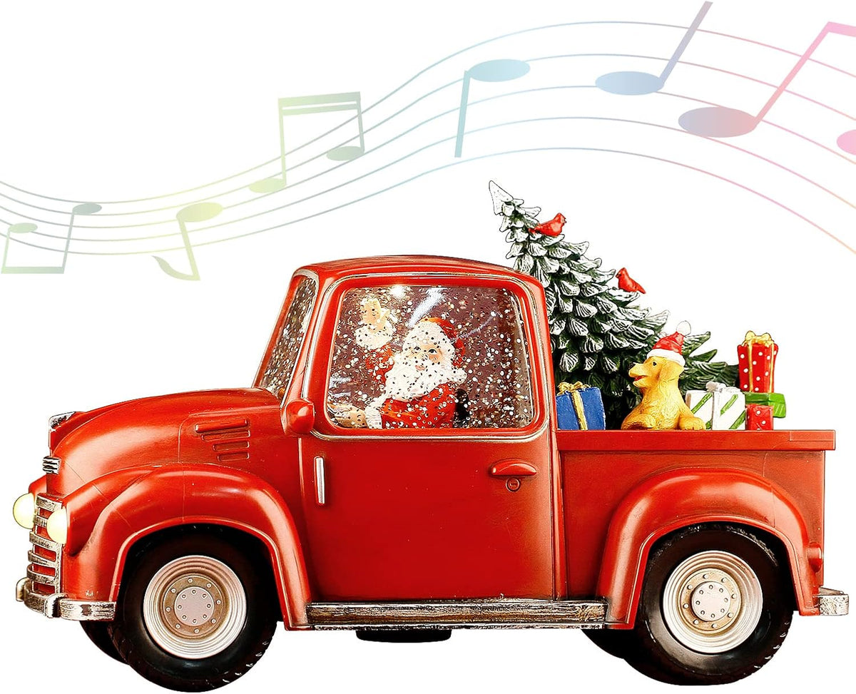 Lighted Vintage Red Truck Decor, 11.3" Musical Christmas Snow Globe with Swirling Glitter, Santa Claus in Truck Car Model, Light-Up Christmas Decorations Indoor for Home, Gifts and Holiday Decor