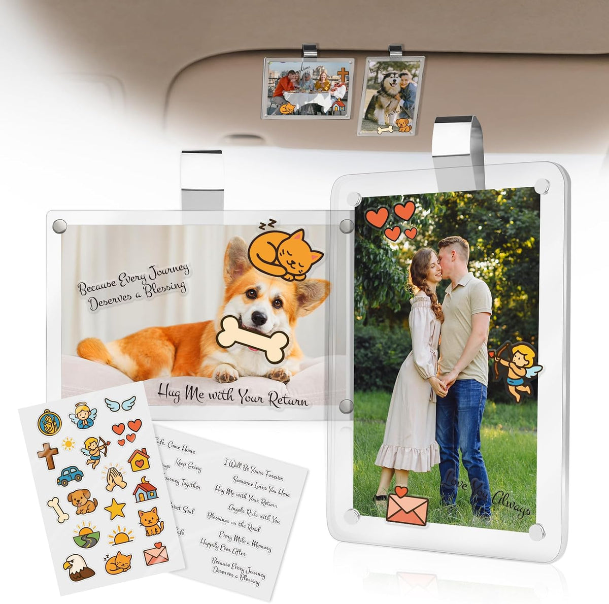 2Pcs Car Picture Holder for Sun Visor,Clear Acrylic & Strong Magnetic Car Visor Photo Clip with Safe Driving &Guardian Icons Stickers, Cute Car Accessories,Gift for Family & Friends (2.4X3.5)