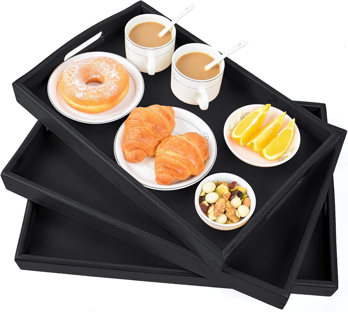 3 Pack Bamboo Serving Trays with Handles, Wooden Food Trays (Black