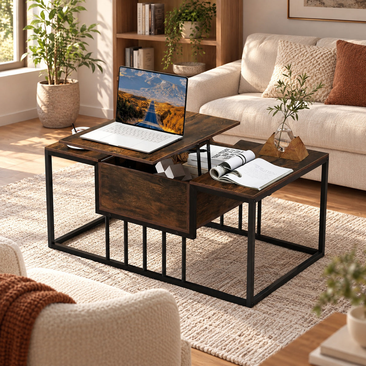Lift Top Coffee Table Modern Center Table with Hidden Storage Compartment, 110 Lbs Capacity, Engineered Wood Metal Frame, Coffee