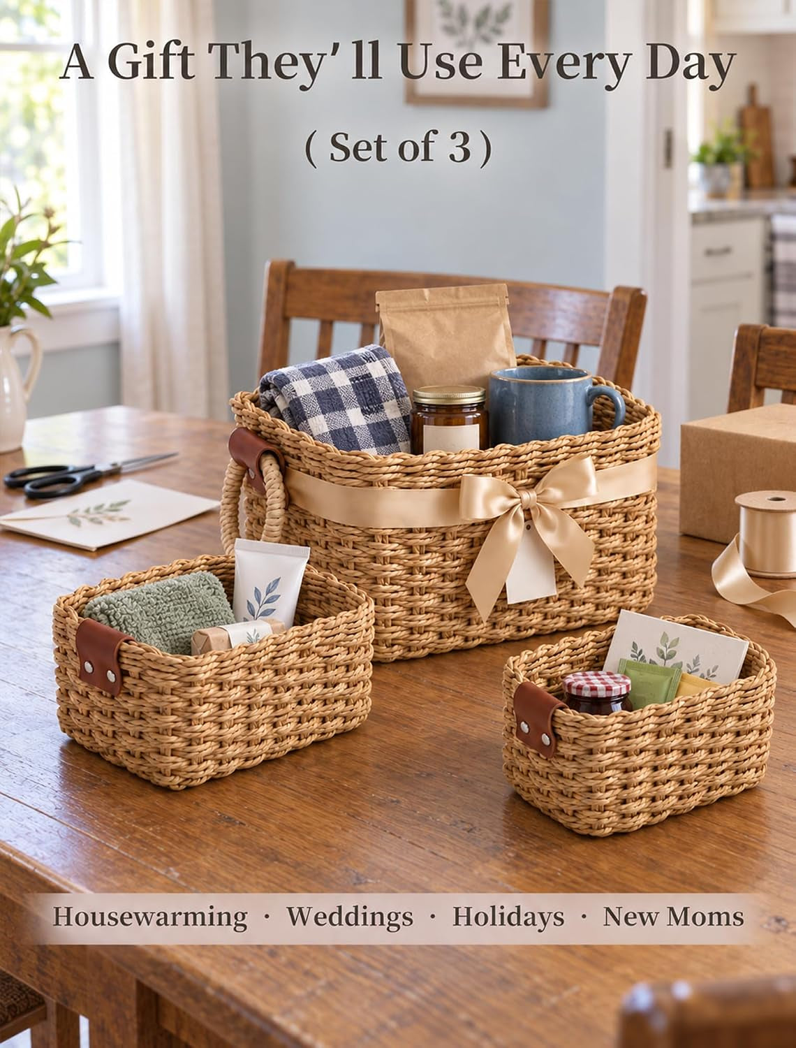 Small Wicker Baskets, 3 PCS Paper Rope Baskets for Shelves, Brown