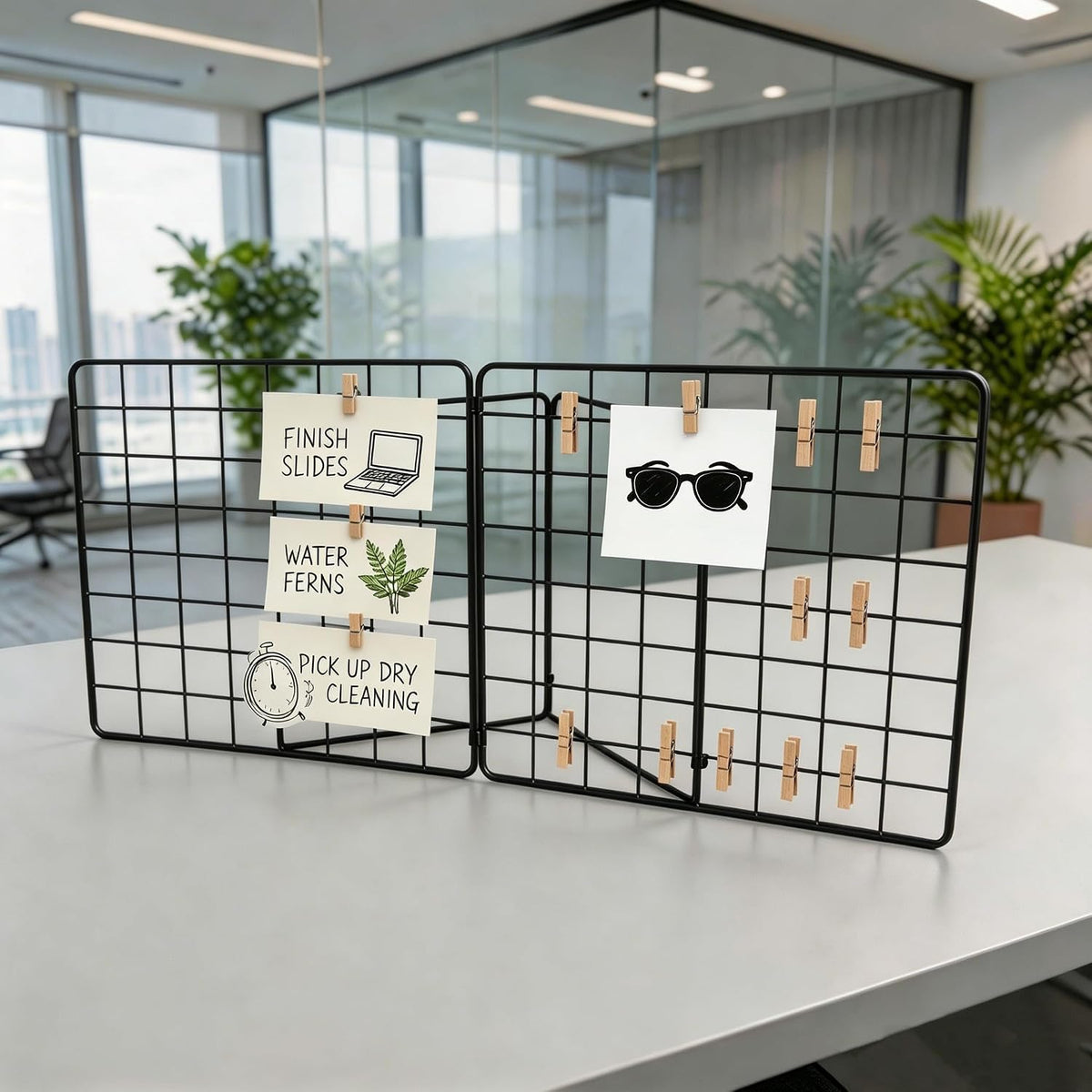 Foldable Desktop Photo Display Rack & Grid Display Board, Fold Flat for Easy Storage with 20 Wooden Clips – Photo, Accessory & Handcraft Display Organizer for Home Office Black
