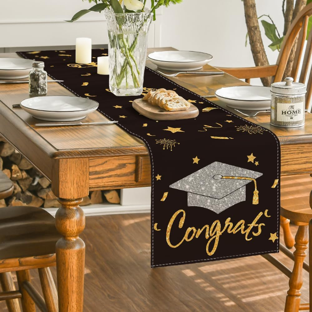 Congrats Table Runner Diploma Cap, 2026 Graduation Holiday Kitchen Dining Table Runners for Home Party Decor 13 X 72 Inch