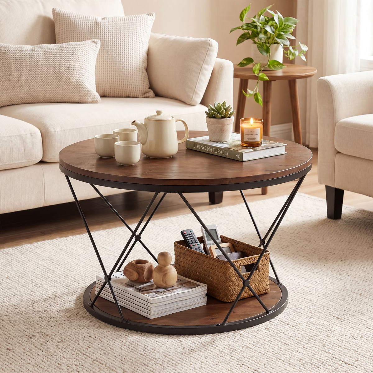 2-Tier Solid Wood round Coffee Table, 31.5-Inch Farmhouse Circle Tea Table with X-Shaped Support for Living Room, Rustic Brown and Black
