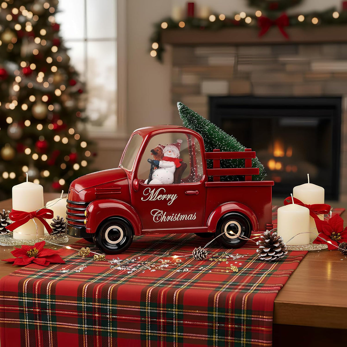 Christmas Snow Water Lantern Glittering Snowman and Pup in Red Truck with Christmas Tree, USB Lined/Battery Operated Lighted Spinning Lantern for Christmas Festival Decoration Gifts