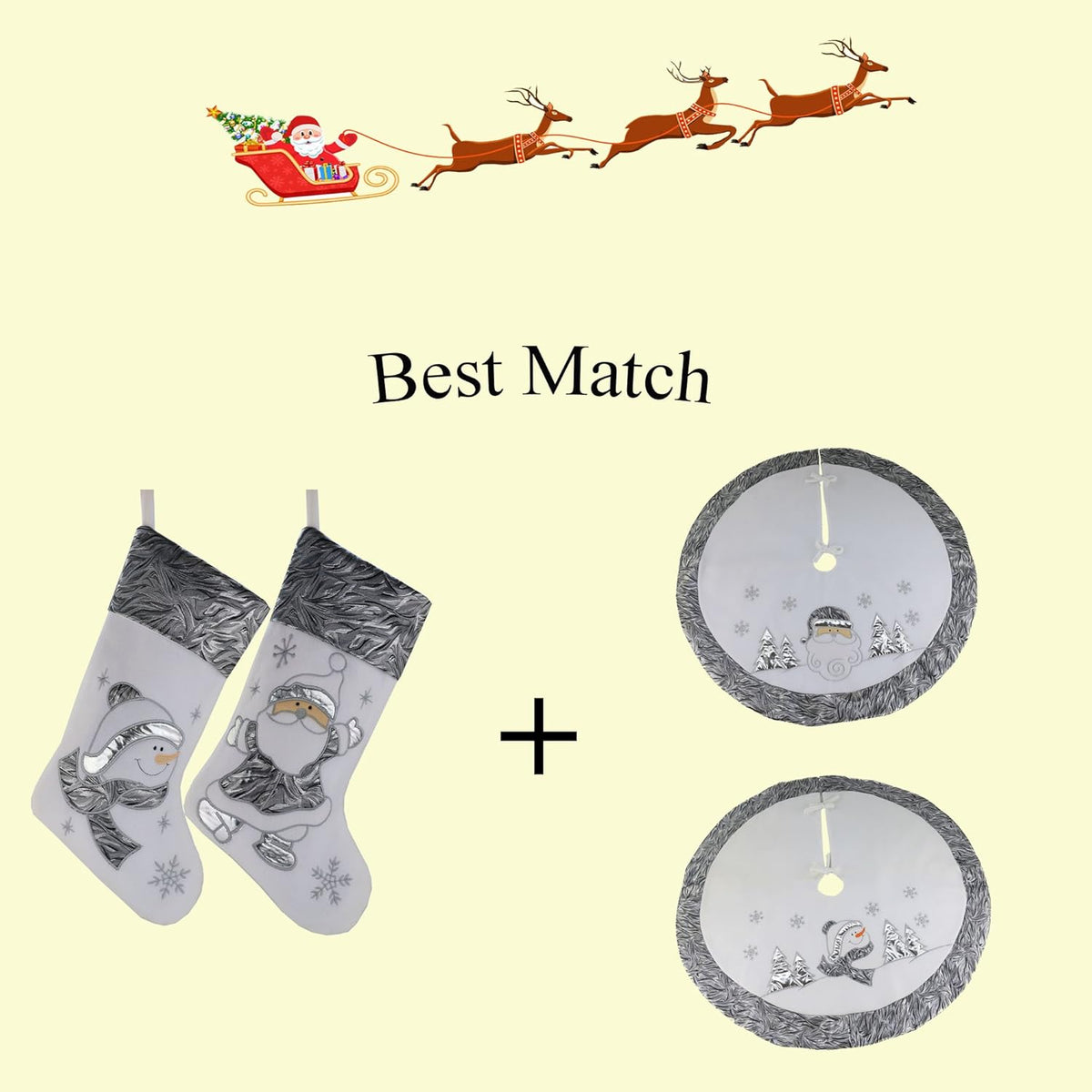 Classic White Silvery Christmas Stockings Set of 2 Santa, Snowman Xmas Character Fireplace Hanging Stockings 17 Inches for Holiday Party Family