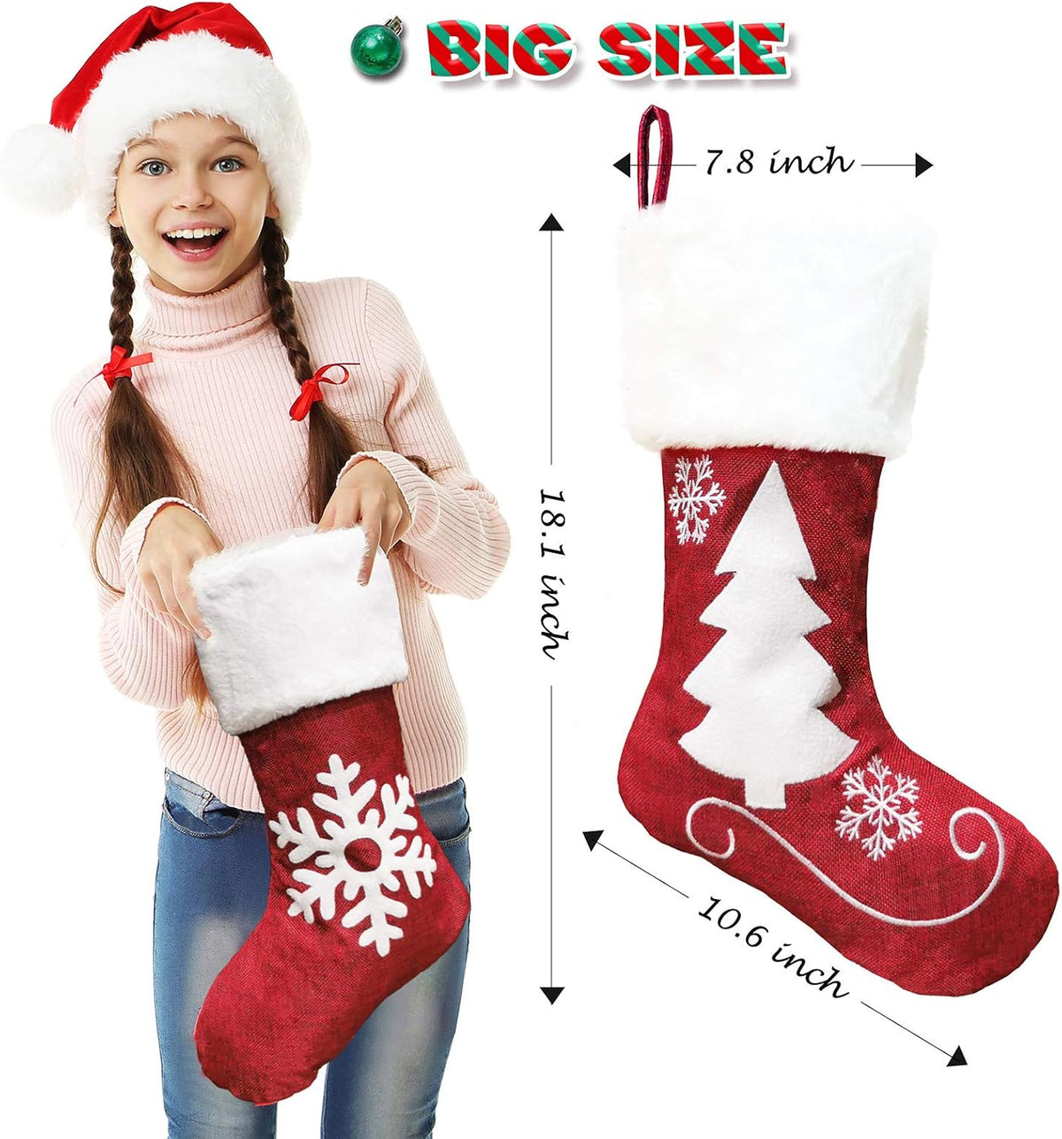 Christmas Stockings, 2 Pcs 18 Inches Christmas Stockings, Burlap with Large Plush Cuff Stockings, for Family Holiday Xmas Party Decorations (Red-Snowflake and Tree)