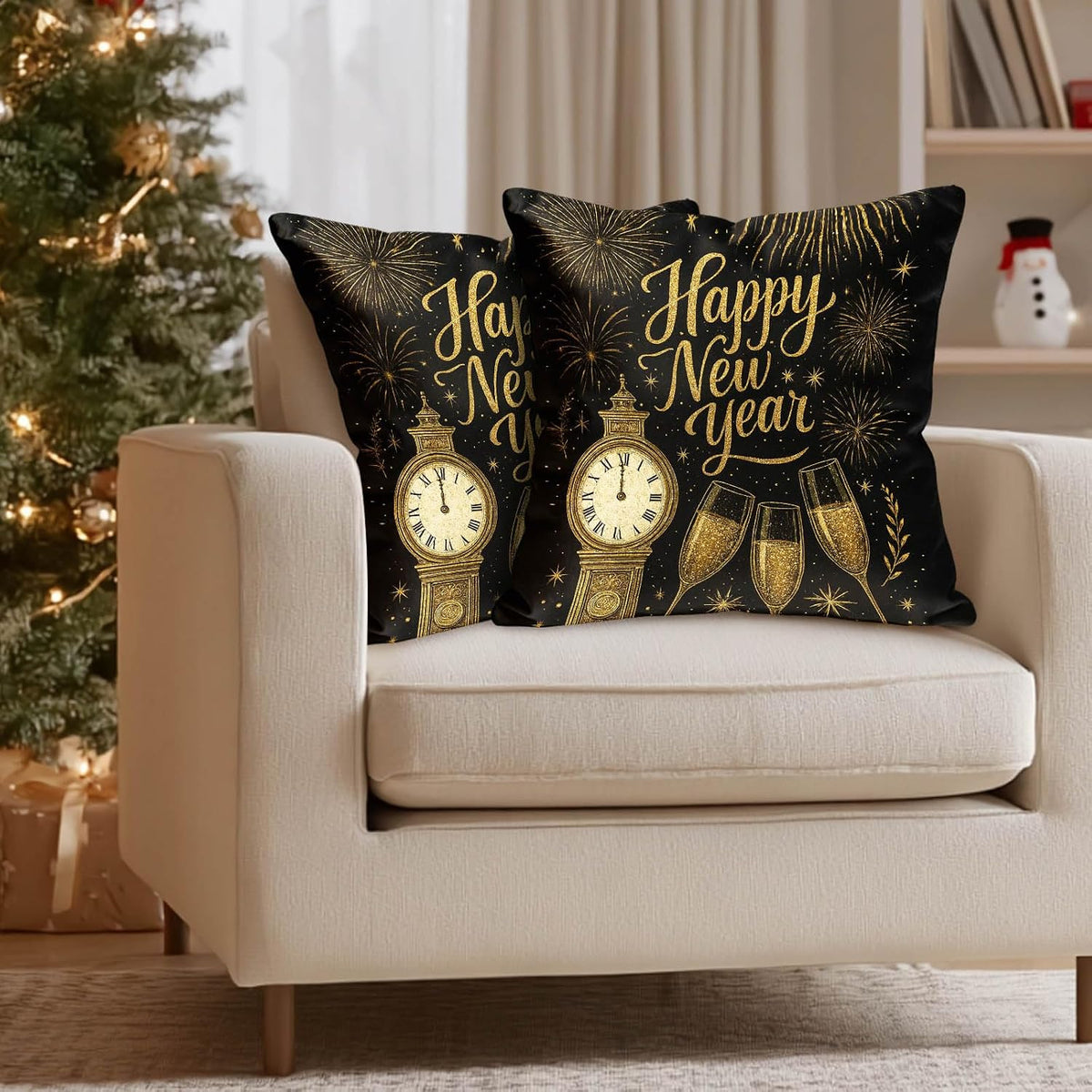 Set of 2 Happy New Year Throw Pillow Covers 18X18 Inch Soft Decorative Gold Black Celebration Cushion Covers Rustic Farmhouse Holiday Winter Pillow Cases for Sofa Couch Bed Home Decor