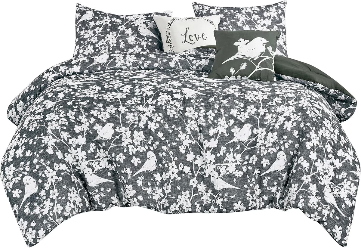5-Piece Jacquard Comforter Set, Charcoal White Botanical Floral Bedding with Decorative Cushions, Soft Lightweight All-Season Bedding Set, King Size