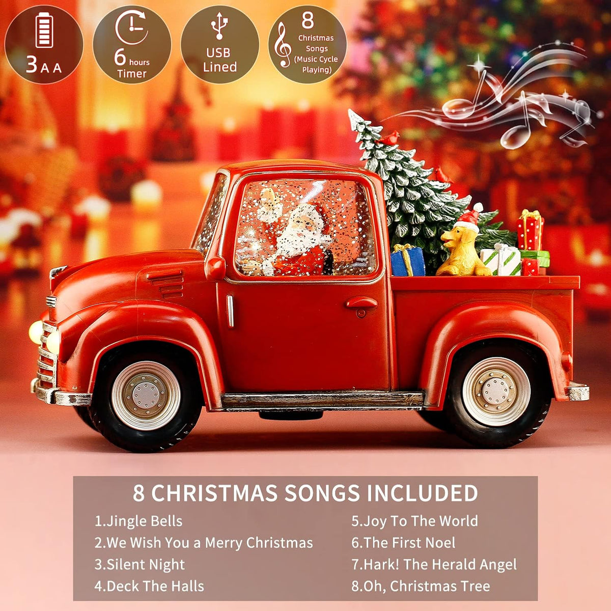 Lighted Vintage Red Truck Decor, 11.3" Musical Christmas Snow Globe with Swirling Glitter, Santa Claus in Truck Car Model, Light-Up Christmas Decorations Indoor for Home, Gifts and Holiday Decor