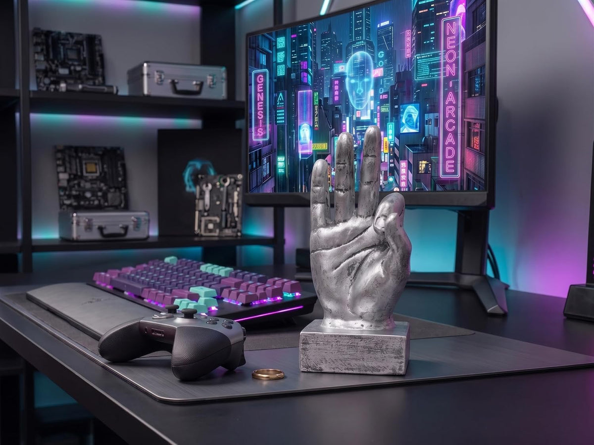 Hand Finger Gesture Desk Statues Fingers Sculpture Creative Home Living Room Cabinet Shelf Decoration (OK Gesture in Silver)