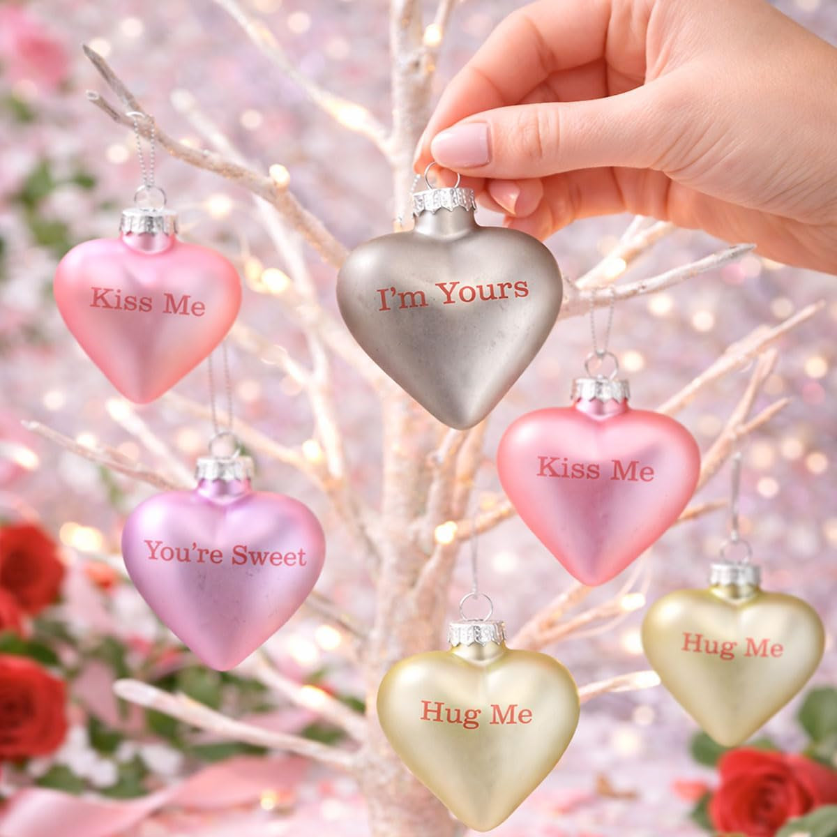 Pastel Candy Conversation Hearts Valentines Ornaments - 12-Piece Assortment, Blown Glass, Handcrafted Hanging Tree Decorations, Pastel Heart Holiday & Party Decor, 2.5 in Tall