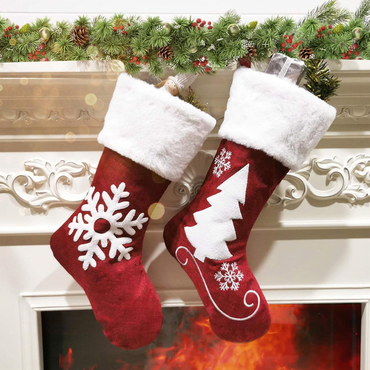 Christmas Stockings, 2 Pcs 18 Inches Christmas Stockings, Burlap with Large Plush Cuff Stockings, for Family Holiday Xmas Party Decorations (Red-Snowflake and Tree)