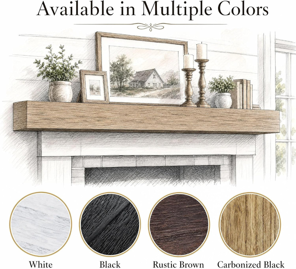 72 Inch Solid Wood Fireplace Mantel Shelf, Matte Black