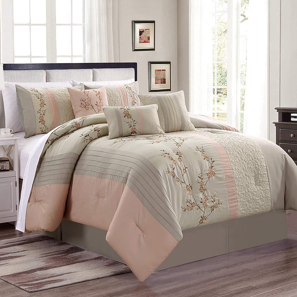 Linnea 7-Piece Luxury Blush Cherry Blossom Floral Embroidery Bedding Comforter Set, Queen