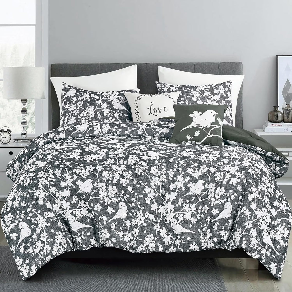 5-Piece Jacquard Comforter Set, Charcoal White Botanical Floral Bedding with Decorative Cushions, Soft Lightweight All-Season Bedding Set, King Size