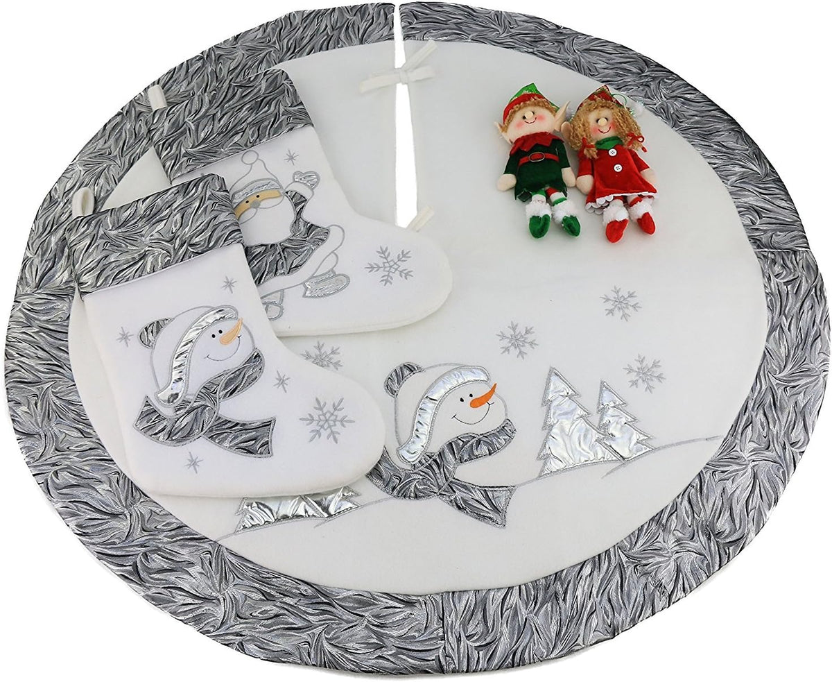 Classic White Silvery Christmas Stockings Set of 2 Santa, Snowman Xmas Character Fireplace Hanging Stockings 17 Inches for Holiday Party Family