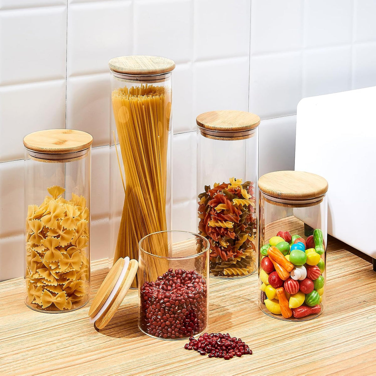 73Oz Glass Pasta Storage Jars, Tall Glass Jars with Bamboo Lids, Spaghetti Container, Set of 3, Kitchen Storage Containers for Pasta, Pantry Organizers