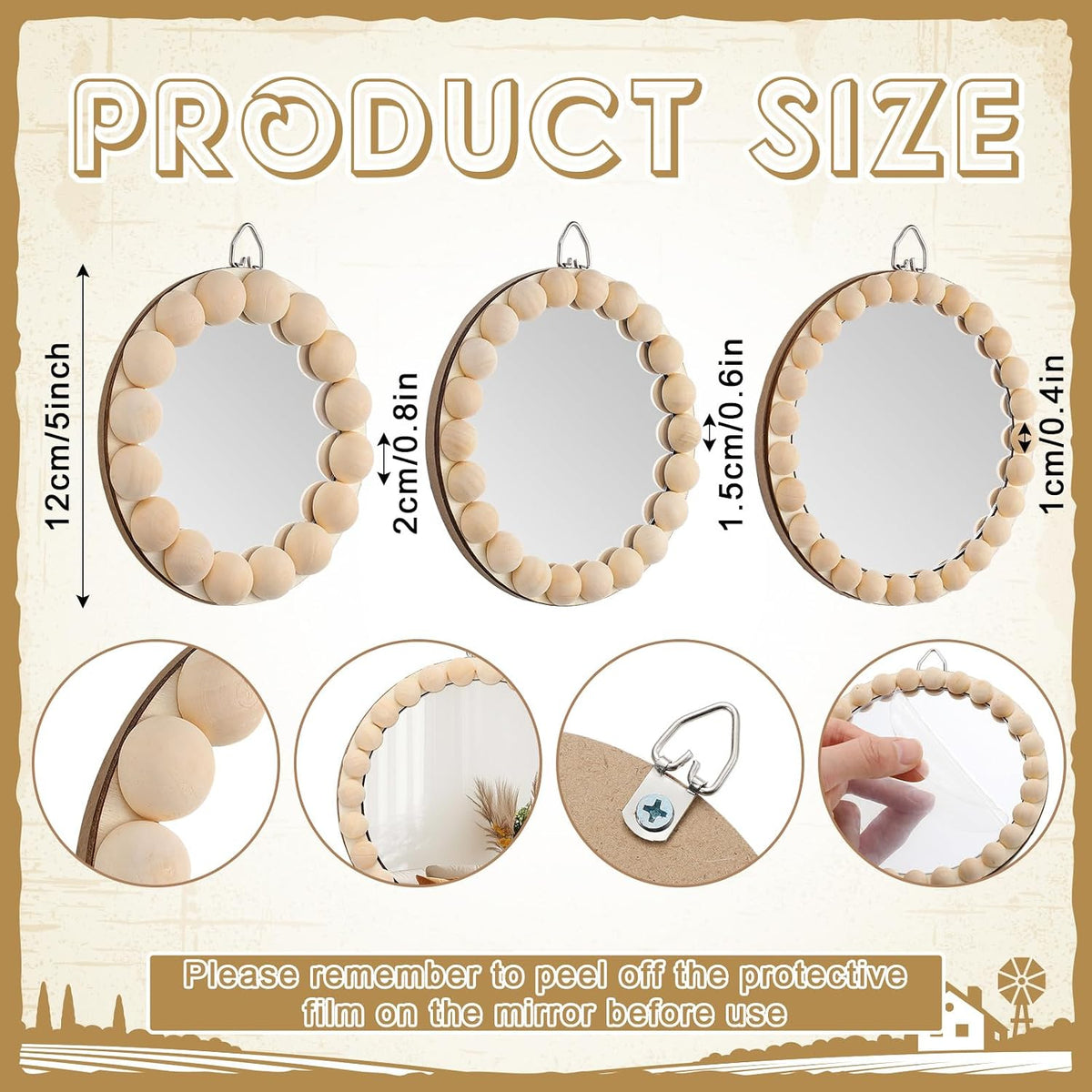 3 Pcs Boho Mirror Wall Decor 4.72 Inch Small round Circle Decorative Mirrors with Wood Bead Hanging Wall Art for Farmhouse Rustic Home Living Room, Bedroom, Bathroom, Entryway