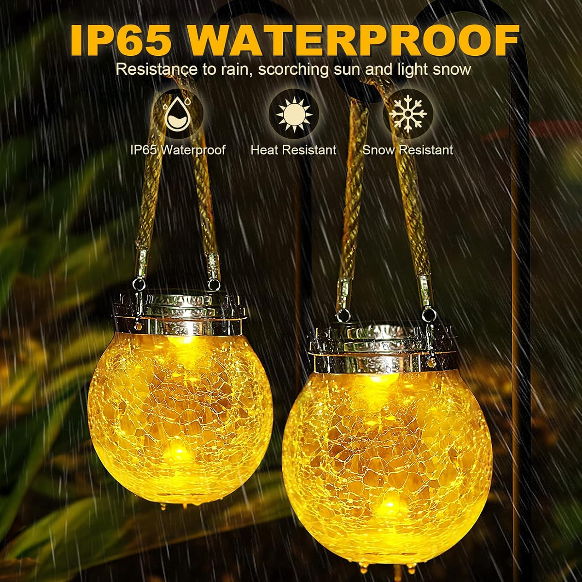 Solar Lanterns Outdoor Waterproof, 4 Pack Hanging Solar Lights Outdoor Garden Decor, Amber Warm & RGB LED Globe Cracked Glass Ball Lantern for Yard Tree Fence Patio Porch Events Deck Pathway