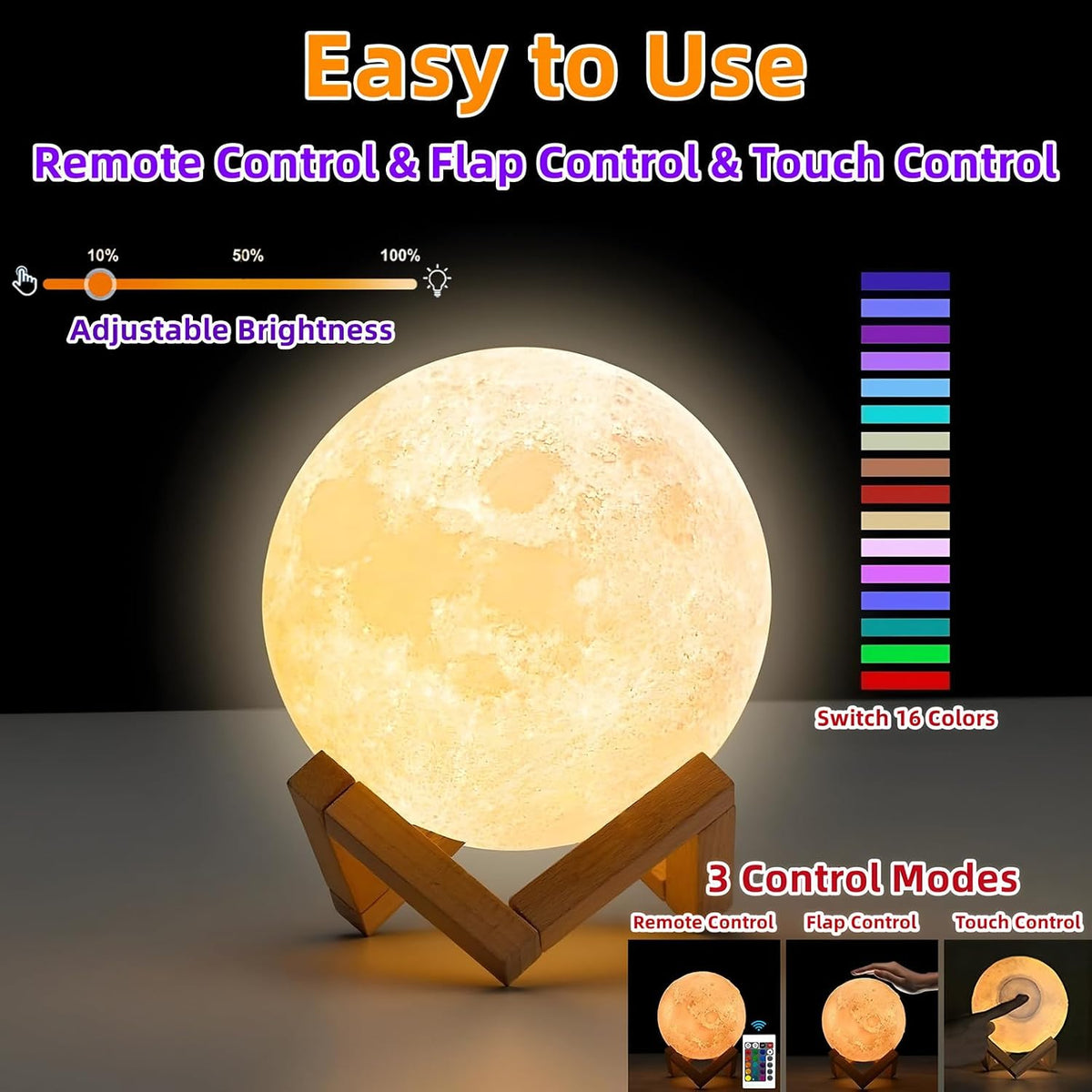 Moon Lamp,16 Colors Dimmable LED 3D Moon Light Gifts for Girls Boys,4.8In